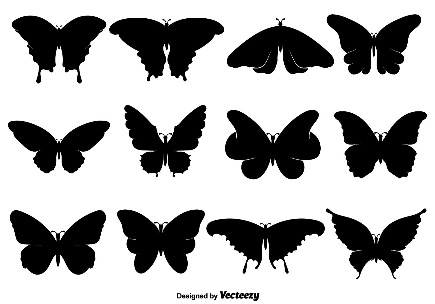 black butterfly icons or silhouettes set vector